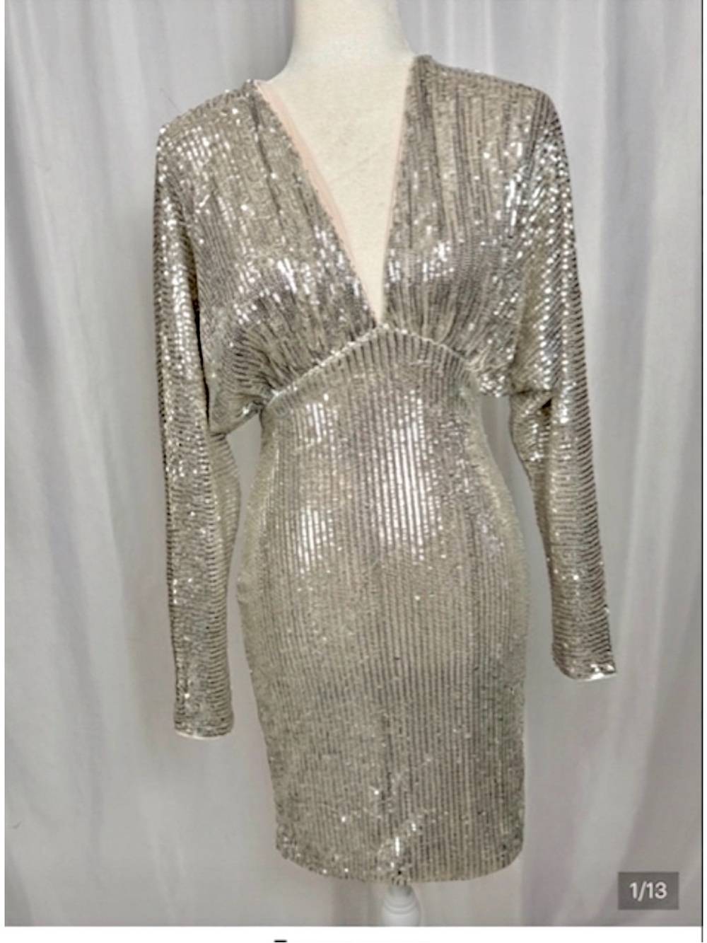 NWT Celebrity Fashion by Hera Collection Silver Sequin Batwing Mini Dress Sz S